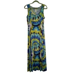 90s Vtg Adressing Woman Blue Green Tie Dye Hippie Boho Stretch Maxi Dress Medium